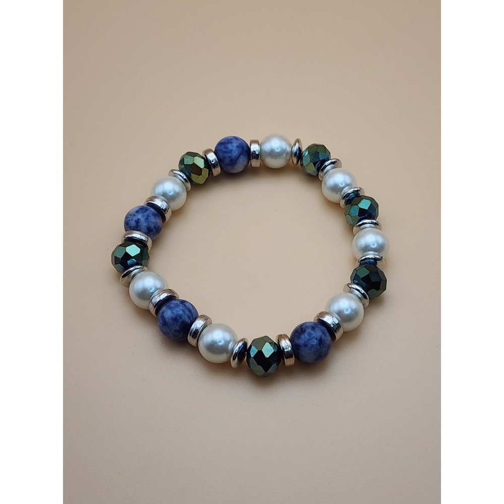 GENUINE Sodalite & Faceted Glass Bead Bracelet & Earring Set Blue Green & Silver
